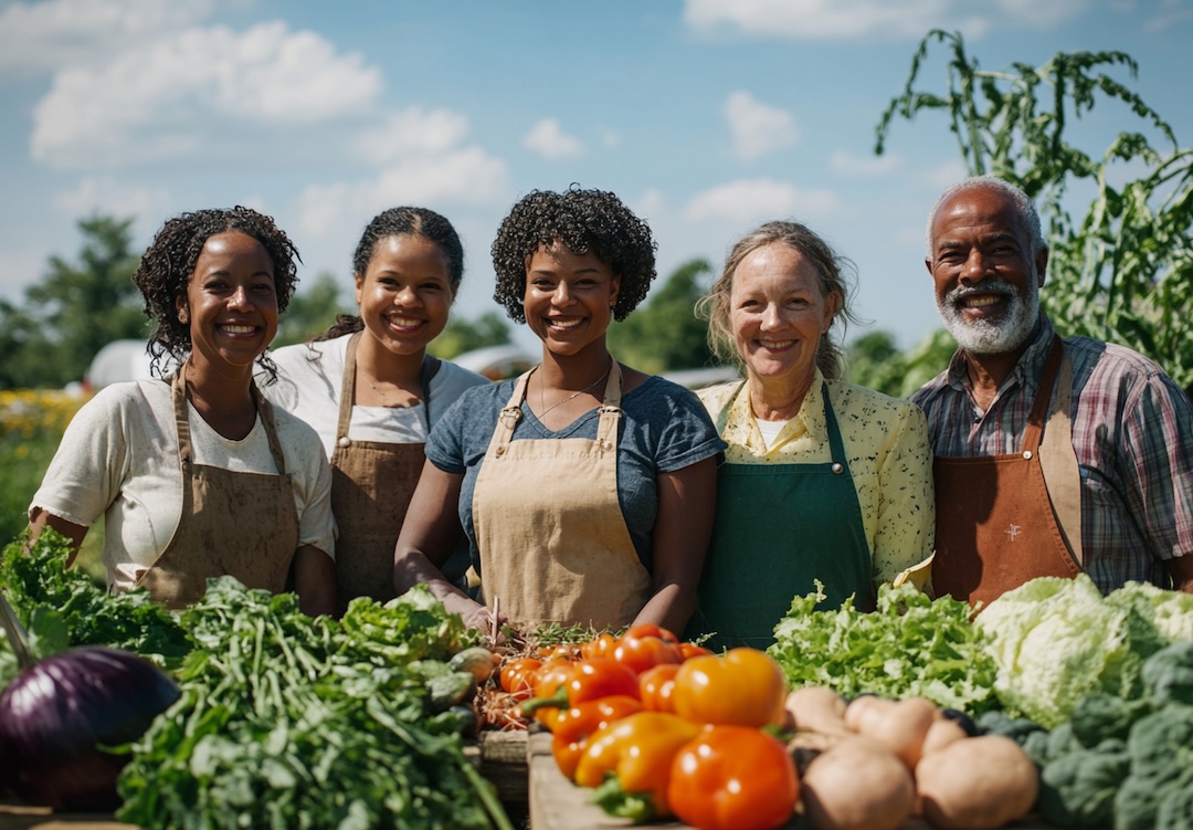 Farmers standing behind a market stall of fresh produce