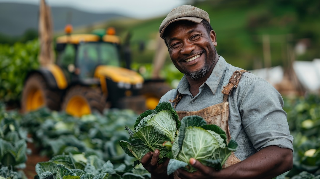 A farmer holding freshly harvested cabbages