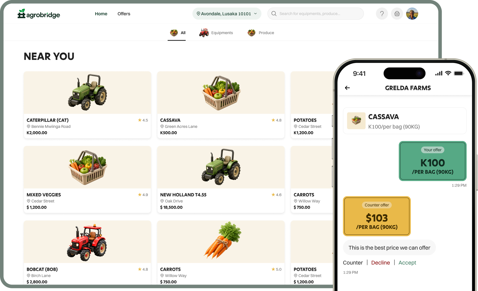 The Agrobridge marketplace on desktop and the offer screen on mobile